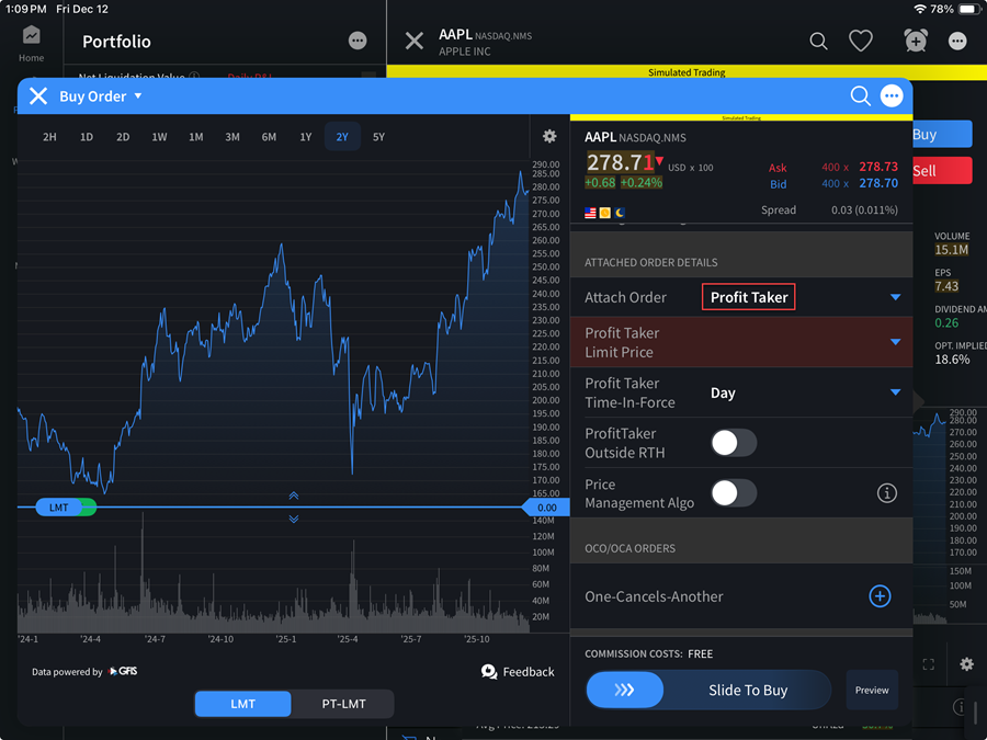 The profit taker option on the iPad